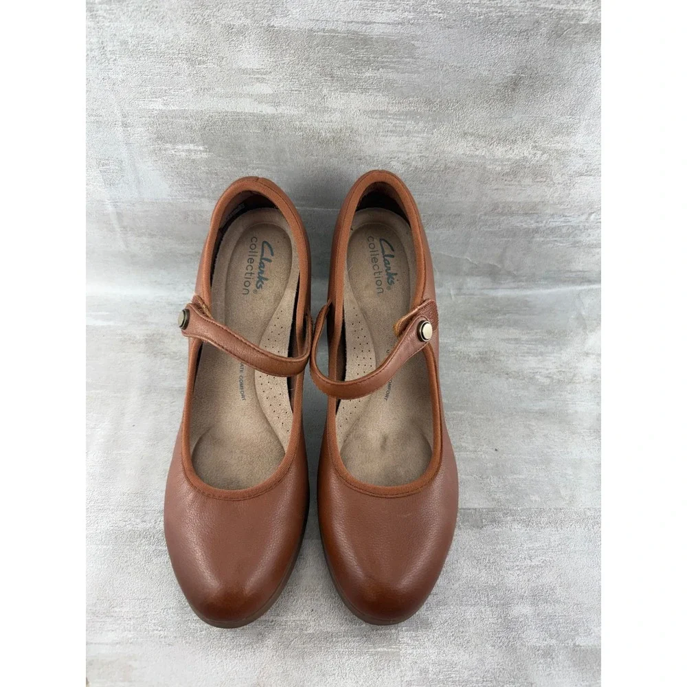 Clarks Collection Brown Leather Mary Jane Pumps Block Heel Women Sz 7.5M